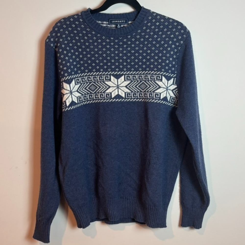 Crown & Ivy Mens Blue Lambswool Blend Fair Isle Crewneck‎ Sweater MED Winter Ski